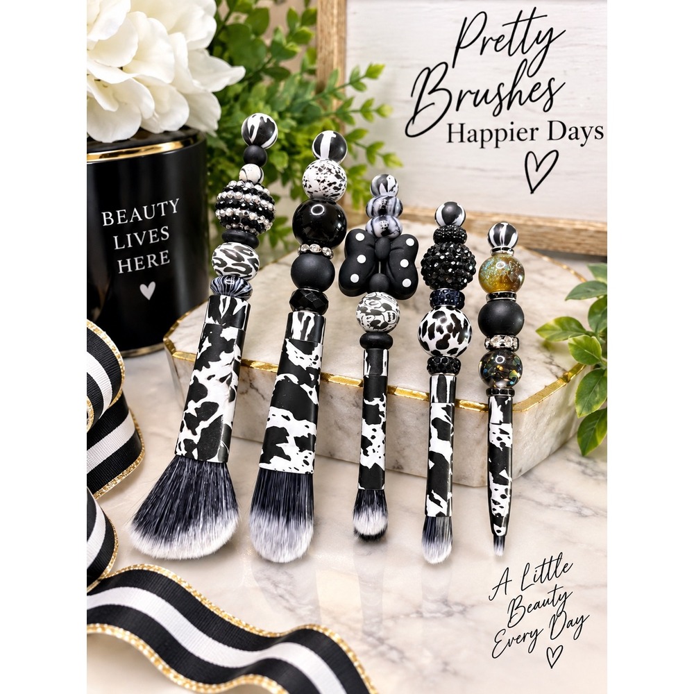 Beaded Makeup Brush Set with Matching Pen Cow Print Black White 5 Piece Set